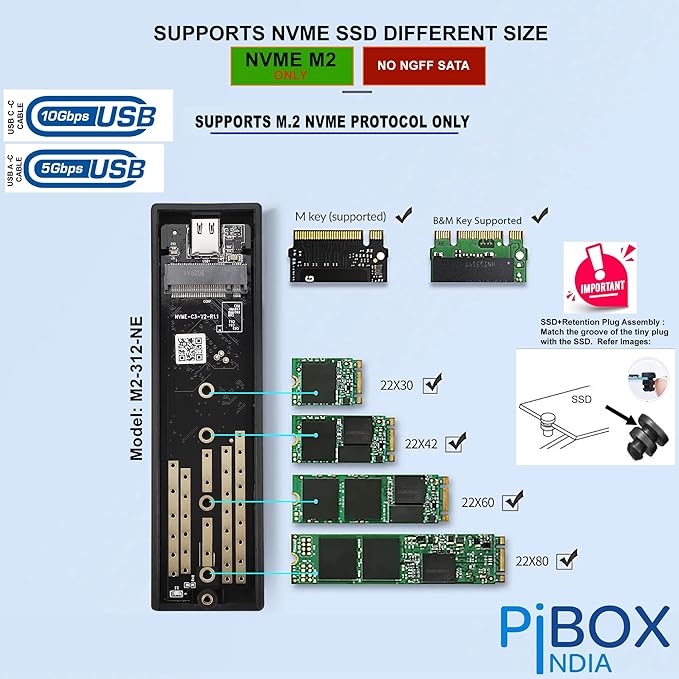 NVME M2 Enclosure, PiBOX India NVMe SSD Enclosure - USB 3.2 10Gbps, Tool-Free M.2 NVMe Case, PCI-E NVMe Reader, USB-C, Supports M & B&M Keys, 2230/2242/2260/2280 SSDs, REALTEK RTL9210 Chipset