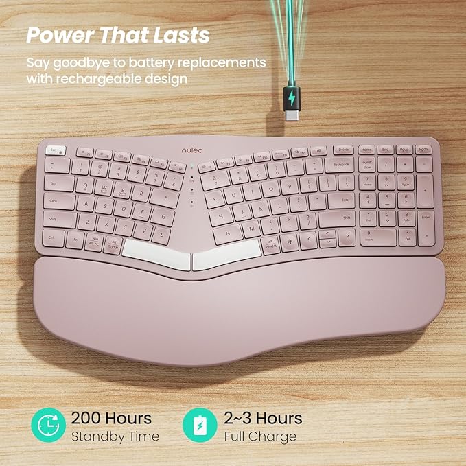 Nulea RT05 Wireless Ergonomic Keyboard, Split Keyboard with Wrist Rest, USB-C Charging, 7-Color Backlight, Natural Typing, Bluetooth and USB Connectivity, Compatible with Windows/Mac(Pink)