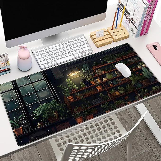 Lofi Cat Desk Mat Dark Green Plant Books Desk Pad Black Cat Aesthetic Anime Big Mouse Pad Large Gaming Mousepad XL Cool Keyboard Pad Deskmat Laptop Computer Mouse Mat 31.5X 15.7in