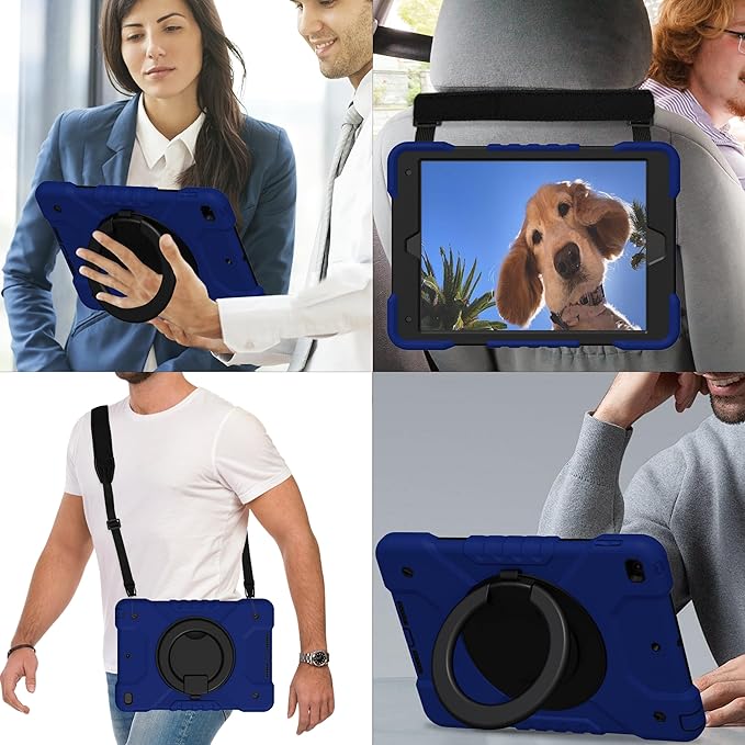 Andnary Case for iPad 9th/8th/7th Generation 10.2 inch, Shockproof Cover with Screen Protector/360° Rotating Handle/Bracket/Pen Holder/Shoulder Strap, Kids Case for iPad 2021/2020/2019 (Navy+Black)