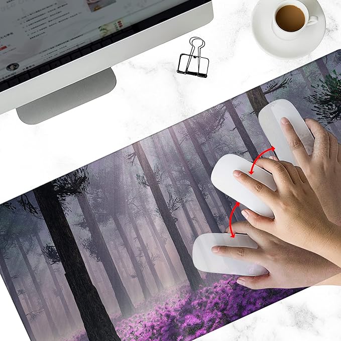 Gaming Desk Mat Large, Purple Misty Forest Extended Mousepad,Non-Slip Rubber Mouse Pad Stitched Edges,Desktop Decorative Accessories for Home Office 31.5" x 15.7"