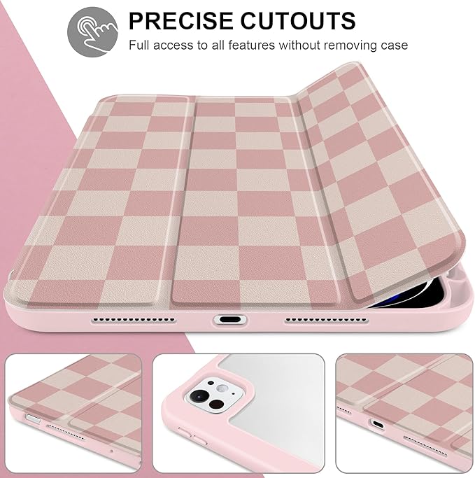 Case for iPad Pro 13 inch (M5) 2025 (M4) 2024 Release with Pencil Holder - Aesthetic Cute Preppy Design Trifold Cover with Soft TPU Bumper Clear Back Auto Sleep/Wake for Girls Women, Lattice