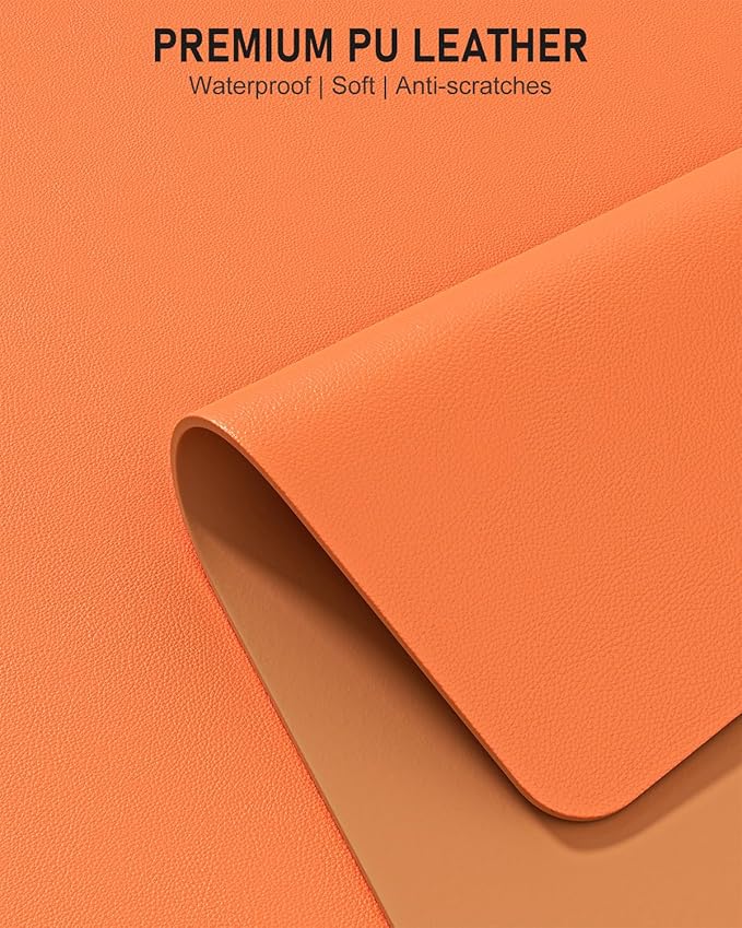 Desk Pad, 35.5" x 17" PU Leather Non-Slip Desk Mat Large Mouse Pad for Desktop, Waterproof Laptop Computer Writing Mat for Office, Home, Work, Gaming, Orange