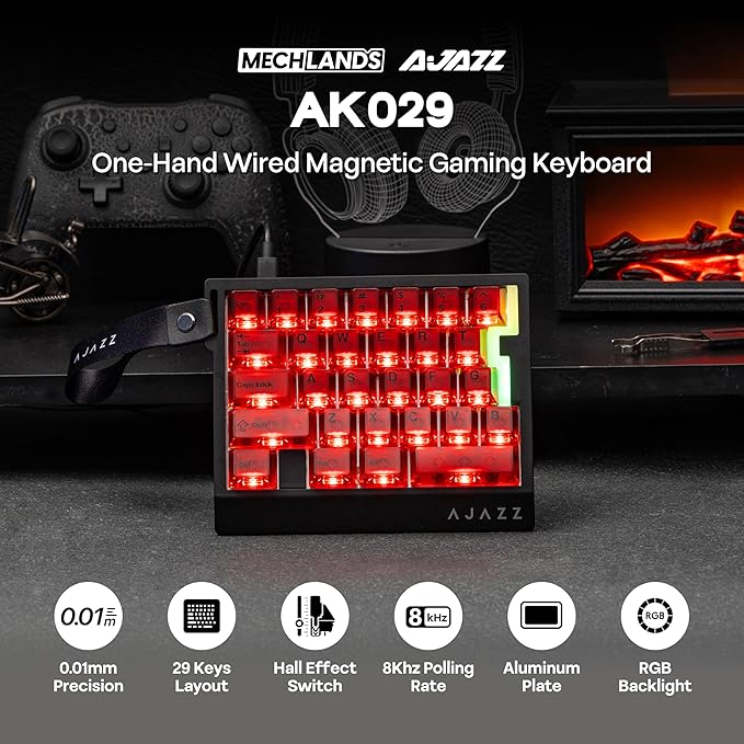 MechLands AJAZZ AK029 One Handed Gaming Keyboard, 8Khz Polling, 29 Keys Rapid Fast Wired Keyboard, SOCD & DKS, Magnetic Switch, Adjustable Actuation, RGB Backlits, Aluminum Plate (Red Transparent)