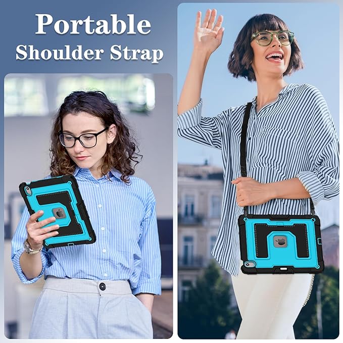Kids Friendly Case for iPad Air 13 Inch M4 M3 M2 2026/2025/2024 Case with Pencil Holder & Shoulder Strap, Military Grade Shockproof Kickstand Hard Shell Protective Cover,Black+Blue