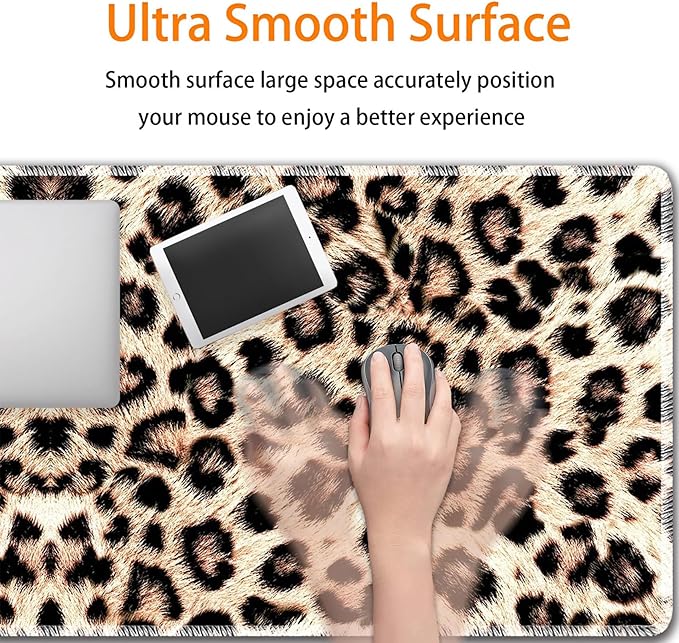 Durable Desk Mat + Wrist Rest Pad + Coasters Set, Large Gaming Office Mouse Pad 31.5 "x 11.8", Extended Non-Slip Rubber Keyboard Pad, Laptop & Home, Leopard Print Pattern