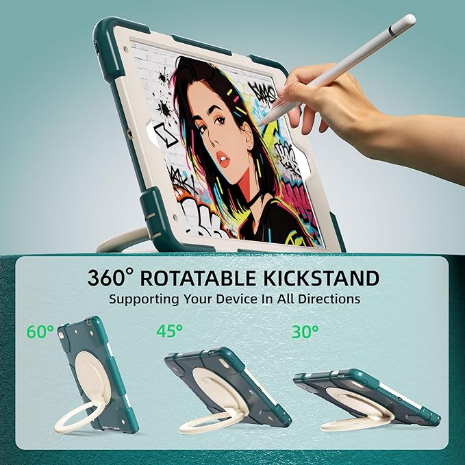 Andnary Case for iPad 9th/8th/7th Generation 10.2 inch, Shockproof Cover with Screen Protector/360° Rotate Stand/Pencil Holder/Shoulder Strap, Kids Case for iPad 2021/2020/2019 (Dark Green+White)