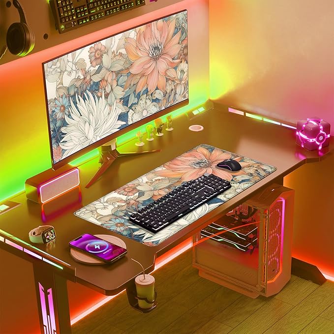 Japanese Floral Desk Mat Boho Aesthetic Flower Desk Matt for Desktop Large XXL Gaming Mouse Pad Extended Deskpad Laptop Keyboard Computer Mat Office Decor for Women 31.5 X 15.7