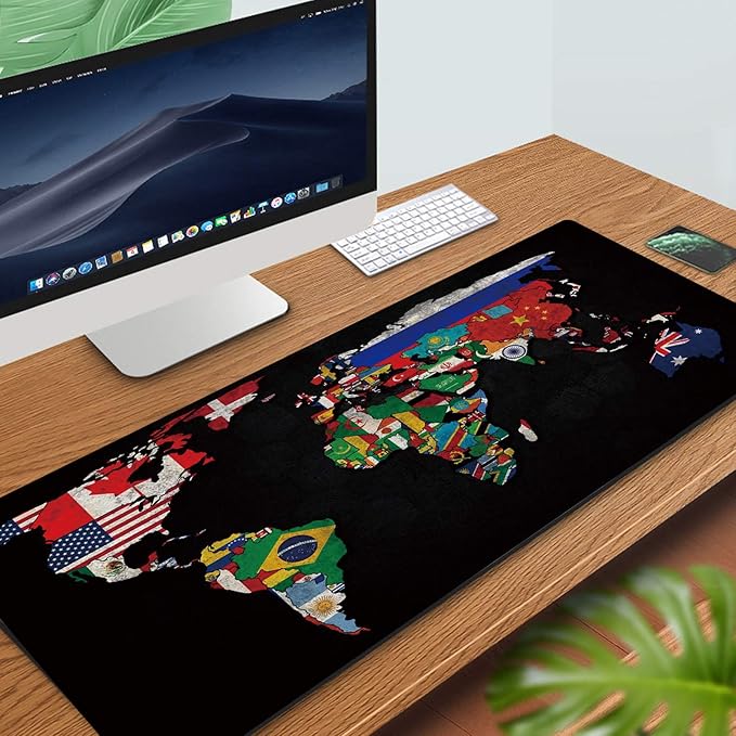 31.5x11.8 Inch Non-Slip Long Extended Large Gaming Mouse Pad with Stitched Edges XL Laptops Keyboard Mouse Mat(Black World Flag Map)