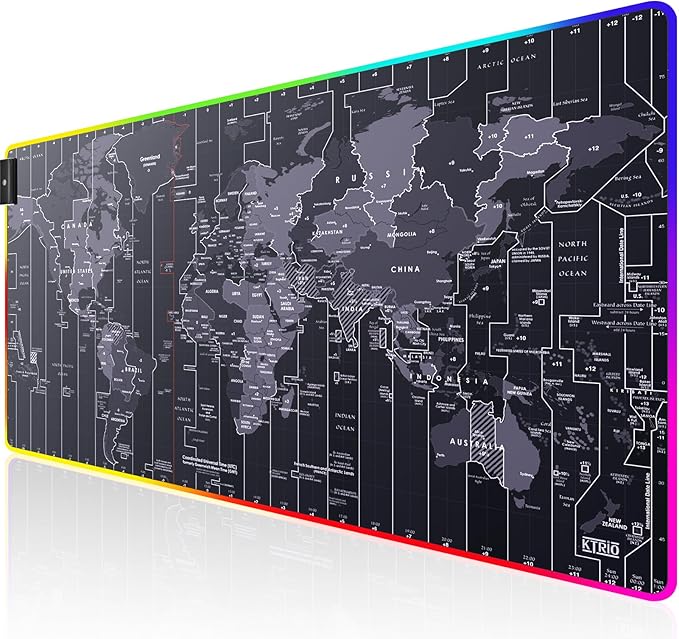 KTRIO RGB Large Gaming Mouse Pad Desk Mat, Superior Micro-Weave Cloth, Non-Slip Rubber Base, Stitched Edges, Water-Resistant, for Gamer, Office & Home, 31.5 x 15.7 in, RGB World Map