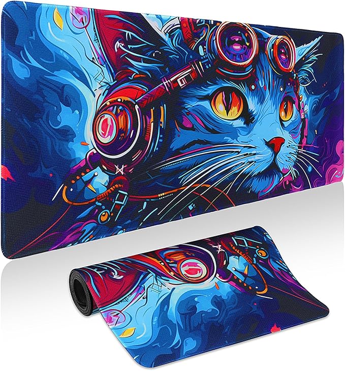 Mouse Pad Gaming - Desk Mat for Keyboard and Mouse - Cool Cat Head Large Mouse Pads for Desk, Gaming Mousepad with Non-Slip Base, Desks Pad (31.5" X 11.8") for Game, Office and Home