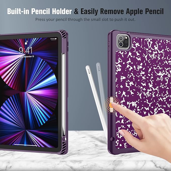 Fintie SlimShell Case for iPad Pro 11-inch (4th / 3rd Generation) 2022/2021 - Soft Flexible TPU Stand Back Cover with Pencil Holder, Also Fit iPad Pro 11" 2nd / 1st Gen, Composition Book Purple