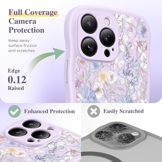 GVIEWIN for iPhone 16 Pro Max Case Compatible with MagSafe [Curly Wave Edge][Full Camera Protection] Floral Translucent Shockproof Magnetic Women Phone Case for 16 Pro Max, Apricot Blossom/Purple