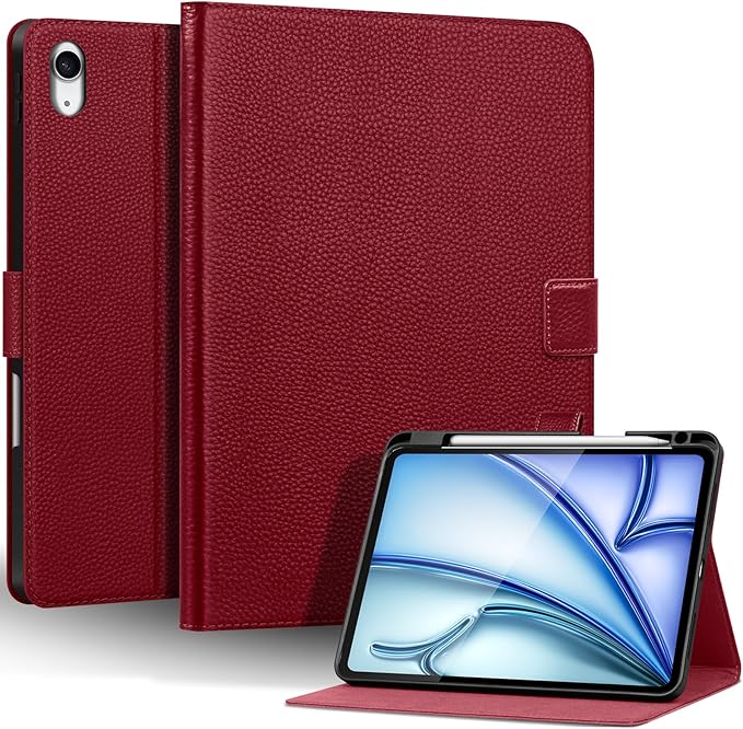 Genuine Leather Case for iPad Air 11" M4 2026/M3 2025/M2 2024, 5th/4th Gen 10.9" | with Pencil Holder and Adjustable Stand, Magnetic Closure, Auto Wake/Sleep Cover | Wine Red