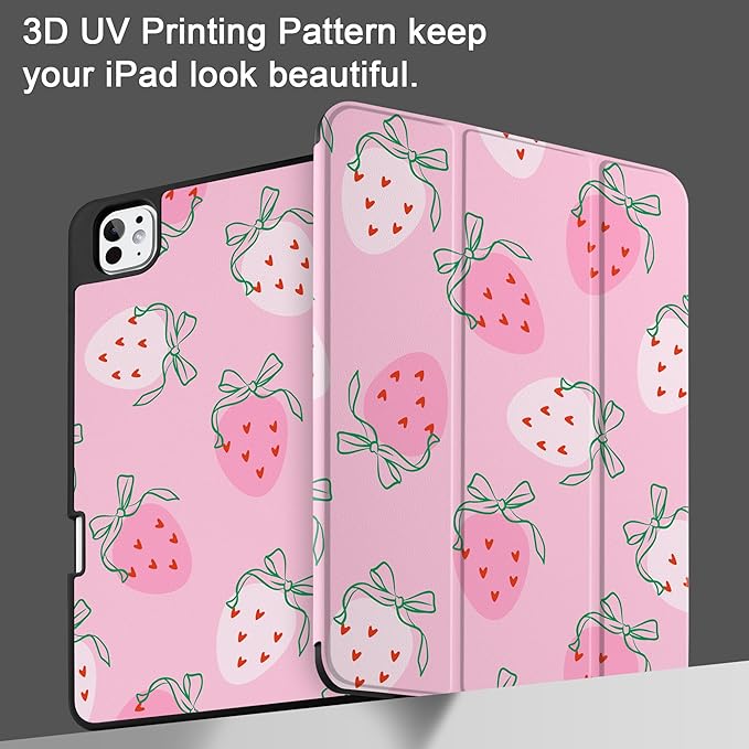 MEEgoodo Case for M5 iPad Pro 11 inch 2025/M4 iPad Pro 11 inch Case 2024, Tablet Cover with Trifold Stand & Pencil Holder & Auto Wake/Sleep & Soft TPU Back Cover, Strawberry & Bow