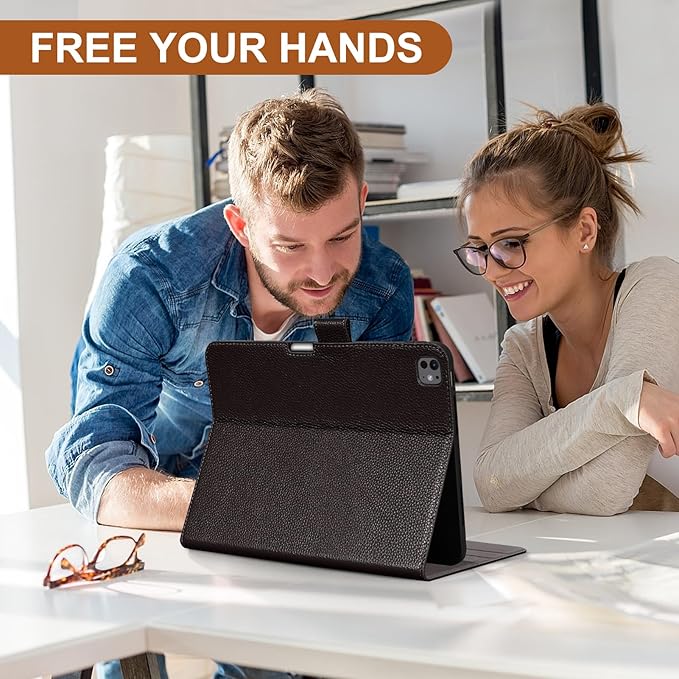 Genuine Leather Case for iPad Pro 13 inch (M5/M4) 2025/2024 with Pencil Holder | Slim Protective Cover with Adjustable Stand,Magnetic Closure,Auto Wake/Sleep, Premium Leather | Dark Brown