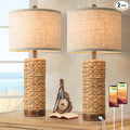 Set of 2 Rattan Table Lamps for Living Room with 2 USB Ports, 27In Tall Bedroom Lamp Costal Farmhouse, Rustic Woven Seagrass Bedside Nightstand Lamps for End Table, E26 Socket&Rotary Switch, No Bulb