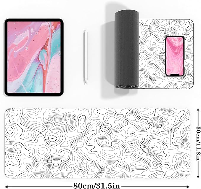 Topographic Large Gaming Mouse Pad,White Mouse Pad Gaming Mouse Mat Desk Pad,31.5 x 11.8 Desk Mat Minimalist Mouse Pads for Desk,Extended White Keyboard Mousepad with Non-Slip Base and Stitched Edge