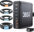 380W USB C Charger Block,with 4 USB Cables 8-Port USB C Charging Station Dual 100W Laptop Charger Fast Charger Type C Charging Block for MacBook Pro, Dell XPS, iPhone, iPad, Tablet (Bright Black)