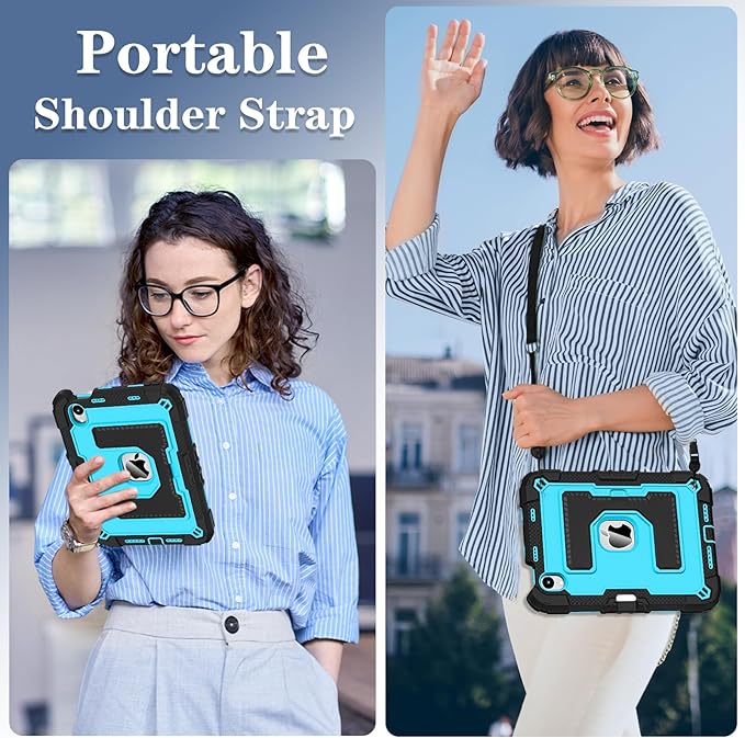 Kids Friendly Case for Apple iPad mini 7 A17 Pro 2024/iPad Mini 6 2021 8.3 Inch 7th/6th Gen Case with Pencil Holder & Shoulder Strap, Shockproof Kickstand Hard Shell Protective Cover,Black+Blue