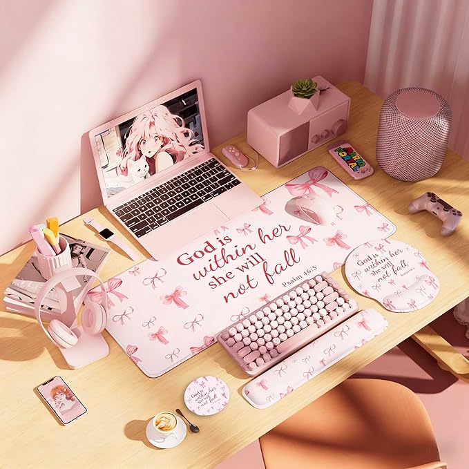 Desk Mat Set + Keyboard and Mouse Pad with Wrist Rest Support,4-in-1 Large Mousepad Computer Mats for Desktop Home & Office-Pink Bowtie
