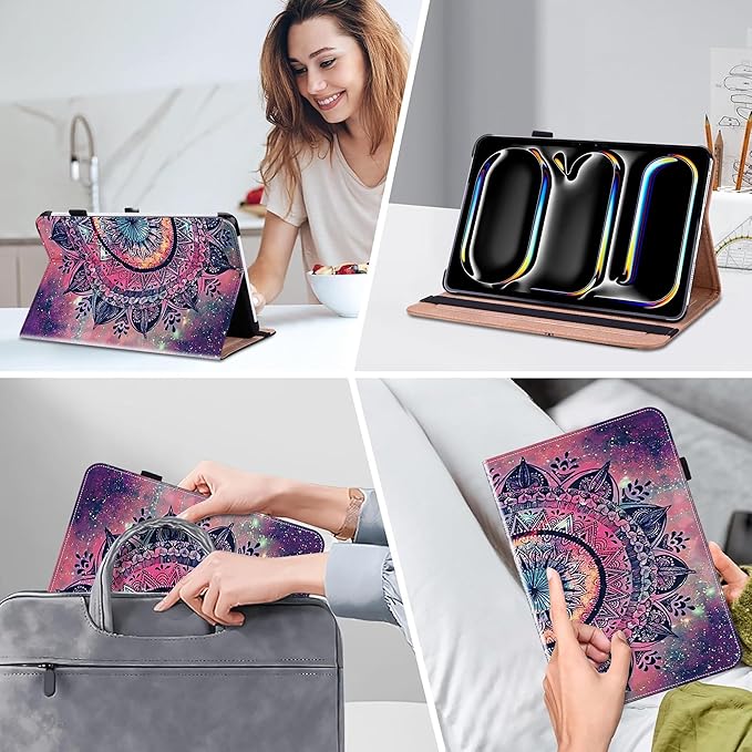 Case for iPad Pro 11 inch Case (M5/M4) 2025/2024, Premium Leather Folio Stand Cover with Auto Wake/Sleep, Pencil Holder and Card Slots - Mandala