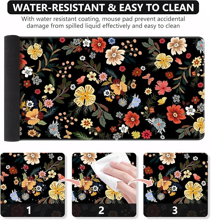 iCasso Desk Matt for Desktop, Cute Desk Pad Mat, XXL Large Mouse Pad, Anti-Slip Big Mousepad with Stitched Edges, Keyboard Pad Mouse Mat for Computer, Work, Gaming (Floral)