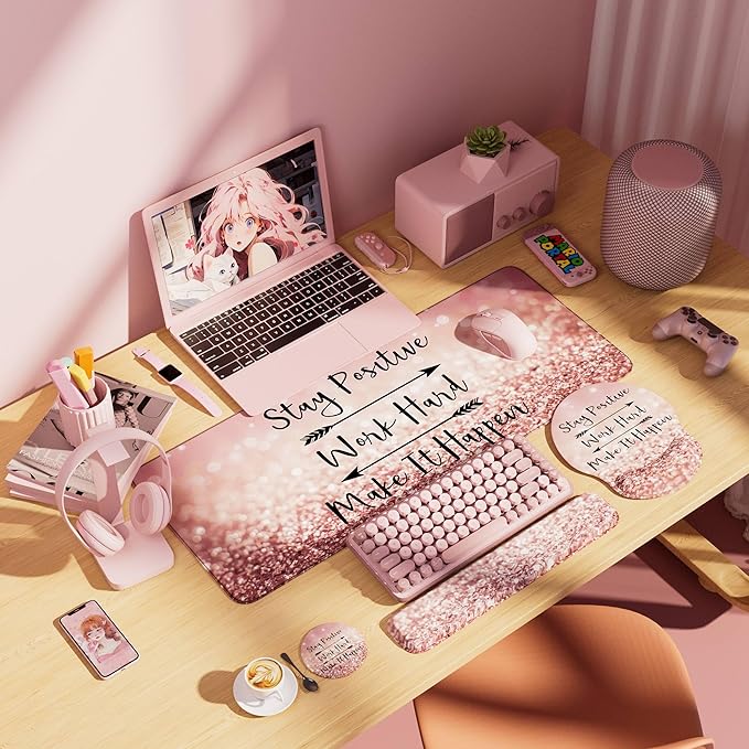 Desk Mat Set + Keyboard and Mouse Pad with Wrist Rest Support,4-in-1 Large Mousepad Computer Mats for Desktop Home & Office-Glitter Pink