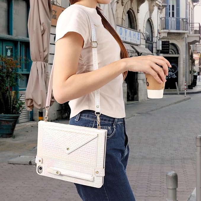 Shiny Case for iPad mini 5/4/3/2/1, Mini 7.9" Handbag Case, Techcircle Iridescent PU Leather Folio Envelope Pocket Stand Cover with Hand Strap+Shoulder Strap+Pencil Holder+Card Slots, Shiny White