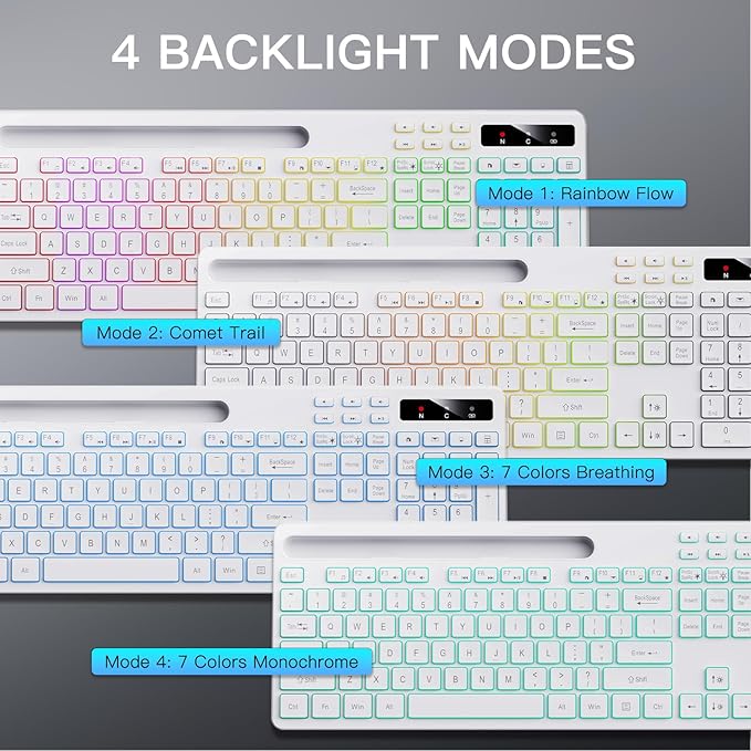 Soueto Wireless Keyboard with 7-Color RGB Backlit, Full-Size Computer Keyboard with Phone Tablet Holder, 2.4G Rechargeable Gaming Keyboard with Light Up Keys, Compatible with Mac, Windows (White)