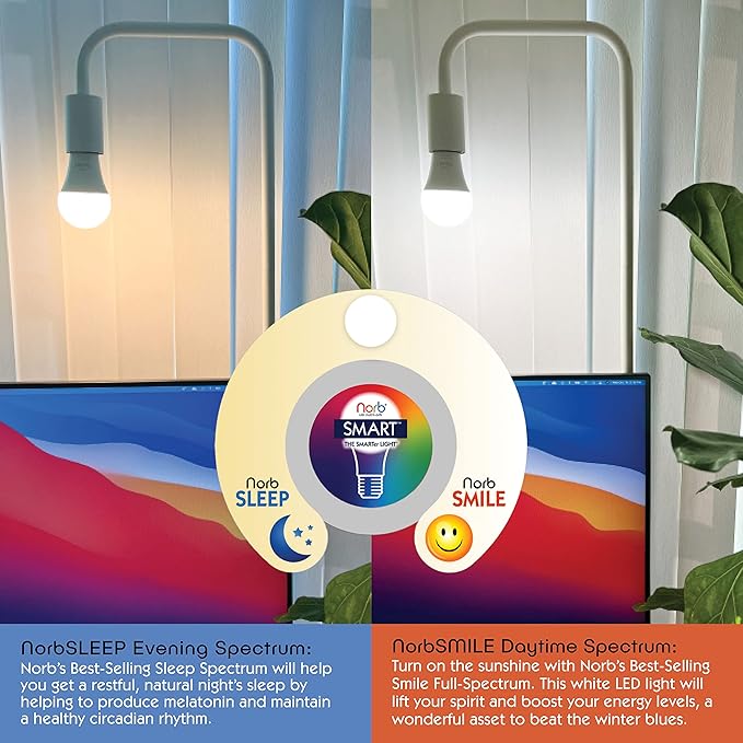 Norb SMART Light Bulb, Tunable Wellness Circadian Rhythm LED, Full Spectrum White & Color Changing, Alexa & Google Home Compatible, Dimmable, BR30, 9W, for Home Automation, WiFi, Bluetooth (2-Pack)