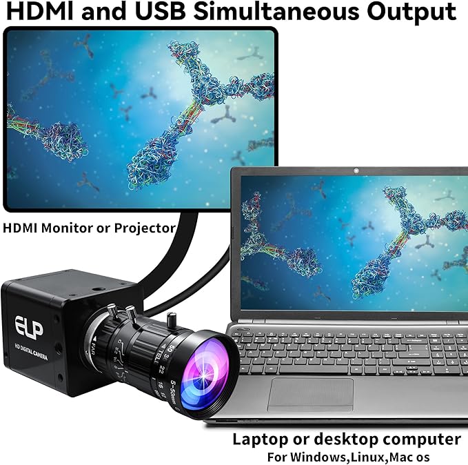 ELP 4K 60fps USB3.0 HDMI Camera Manual Zoom Webcam H.264 High Speed UVC Lightburn Cameras for Computer Low Illumination Simultaneous Output 10X Zoom Web_Camera for Windows Linux Mac TV Projector