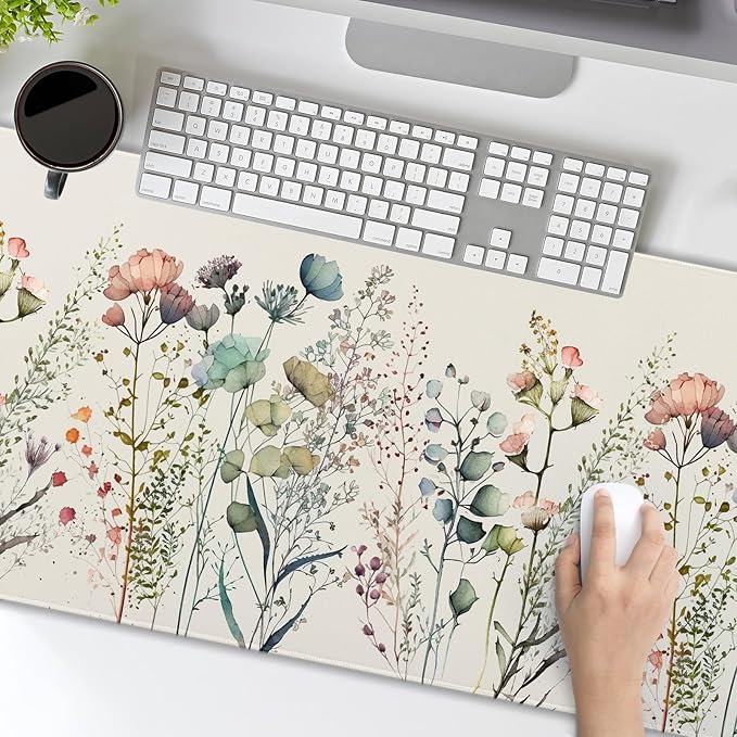 Cute Wild Flowers Mouse Pad XL Boho Aesthetic Floral Chic Plant Extended Table Mat 80X30cm Non-Slip Rubber Base Stitched Edge Large Mousepad for Desk Gaming Laptop Desk Top,31.5×11.8 Inch