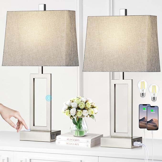 Rinweey 23.5" Touch Control Table Lamps Set of 2, Modern Silver Bedside Lamps with USB A+C Ports & AC Outlet, 3 Way Dimmable Contemporary Nightstand Lamps for Bedroom Living Room(2 LED Bulb Included)