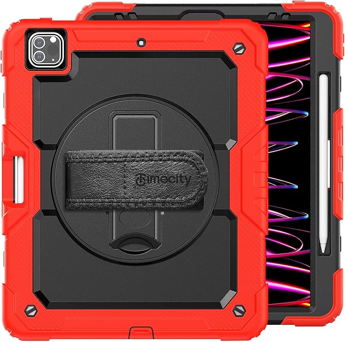 Timecity Protective Case for iPad Pro 12.9 inch 6th/ 5th/ 4th/ 3rd Generation, with Strong Protection, Screen Protector, Hand/Shoulder Strap, Rotating Stand, Pencil Holder - Red