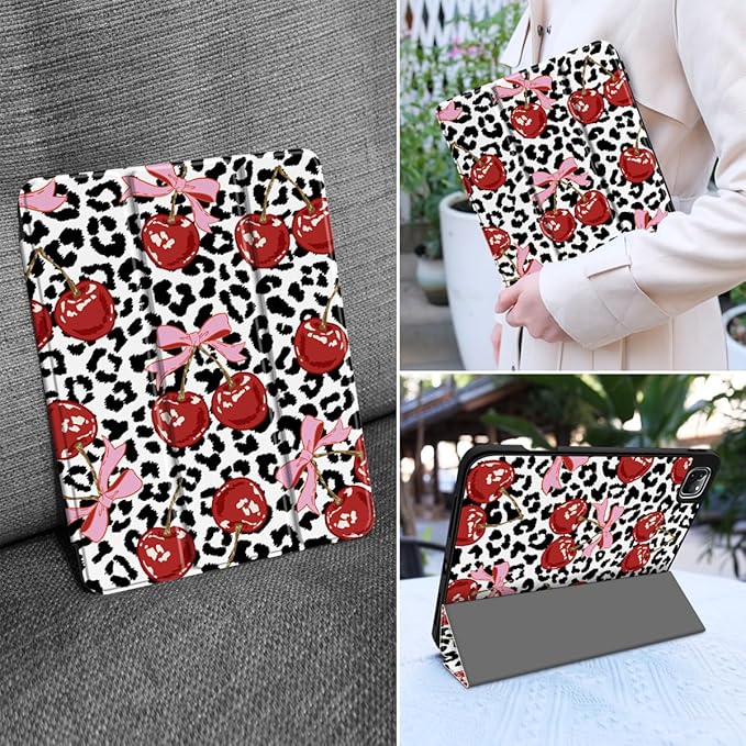 MEEgoodo for iPad Pro 12.9 Case M2 6th/5th/4th/3rd Generation 2022 2021 2020 2018 with Pencil Holder, Tablet Cover with Soft TPU Back Shell, Leopard & Cherry