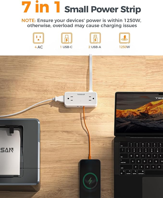 TESSAN Flat Plug Extension Cord 5 FT, Surge Protector Power Strip with 4 AC Outlets 1 USB C and 2 USB A Ports, 900 Joules Protection, Multiple Wall Outlet Extender Suitable for Office Dorm, Grey