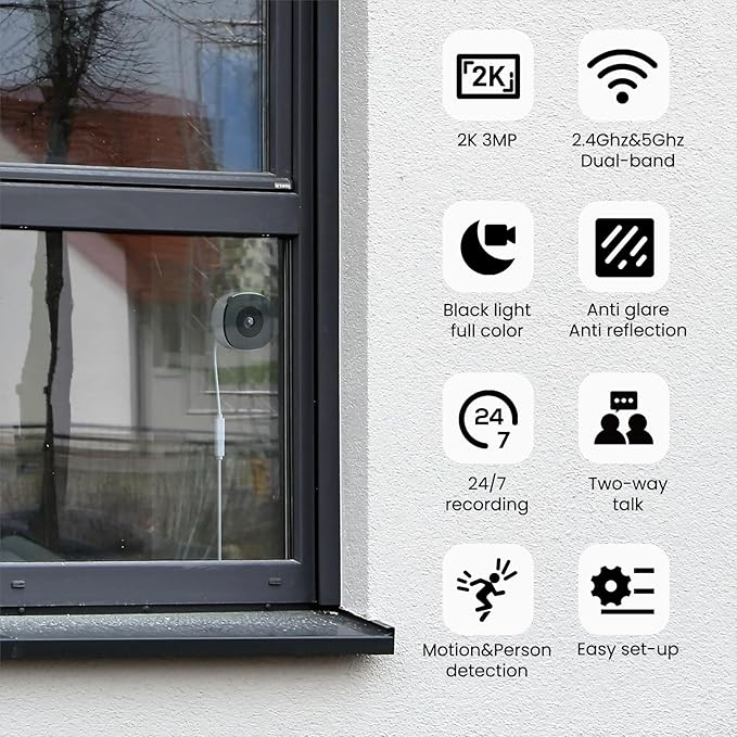 INFIYA 2K No Drill Window Camera-2 Pack 2.4Ghz & 5Ghz WiFi Dome Cameras for Home Security for Indoor & Outdoor Monitoring, Color Night Vision, Human Detection, 24/7 Recording, Ideal for Apartment, K1