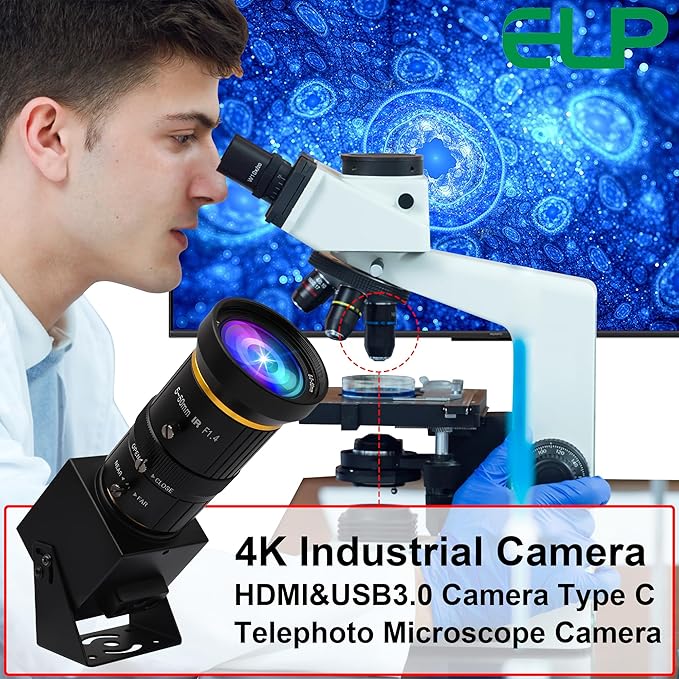 ELP 4K USB3.0 HDMI USB Camera Manual Zoom Webcam 4K 60fps PC Camera Mini Close-up Camera for Computer H.264 Telescope USB Security Camera 8mp Industrial CCTV Camera (5-50mm 10X Zoom Lens)