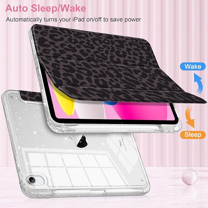 DONGKE for iPad Pro 11 inch Case – Fits M5 2025 / M4 2024, Shockproof Sparkling Glitter Acrylic Back, Pencil Holder, Trifold Stand, Auto Sleep/Wake & Touch ID Support - Black Leopard