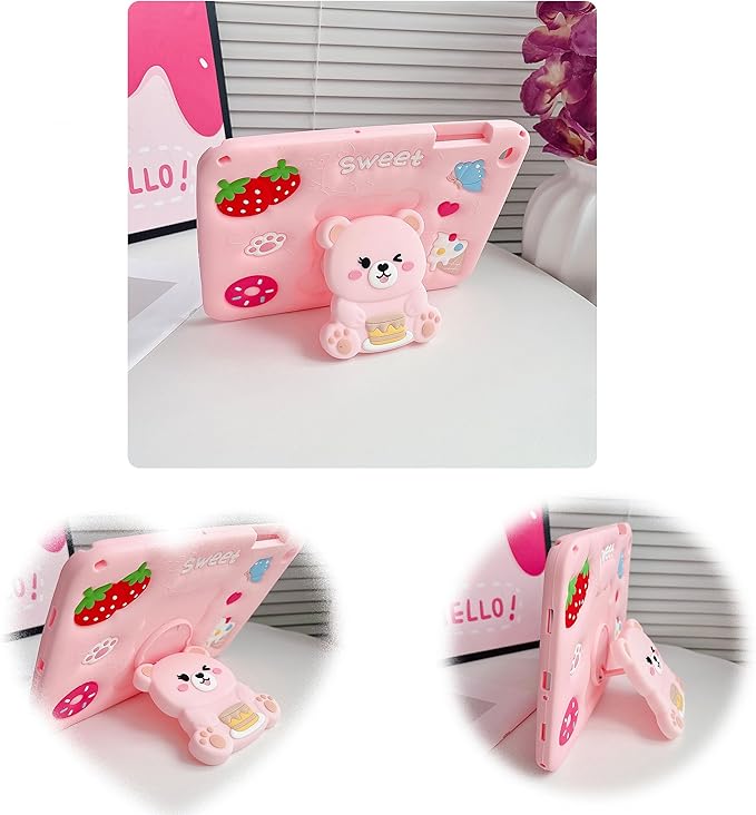 for Samsung Galaxy Tab A9 Plus Case Girls - with Shoulder Strap & Rotating Stand Cute Pink Bear 3D Cartoon for Kids Soft Silicone Protector Samsung A9 Tablet 2023