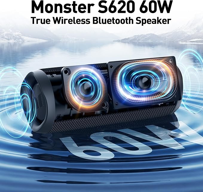 Monster Bluetooth Speaker, Wireless Portable Outdoor Bluetooth Speakers, 60W True Wireless Stereo IPX8 Waterproof, Dual PairingBluetooth 5.4 Built-in Mic, Outdoor Speaker