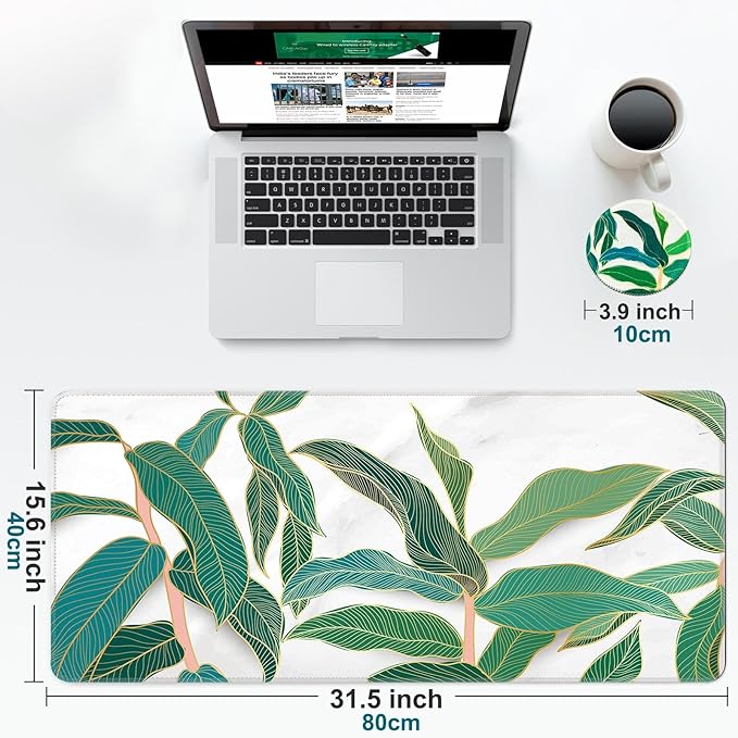 Large Gaming Mouse Pad with Coaster, Desk Matt for Desktop, Desk Pad, Mouse Pads Mat, Stitched Edges Big Extended Mousepad for Computer Keyboard Laptop Office Decor, 31.5'' x15.6''-Leaves 4