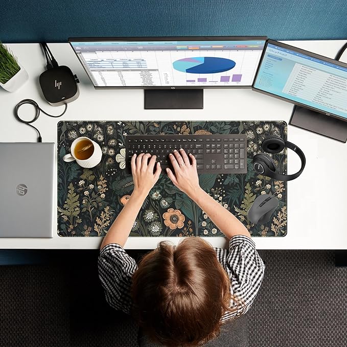 Dark Flower Desk Mat Floral Plants Mouse Pad, Aesthetic Wildflowers Large Gaming Mousepad Desk Pad, XXL Keyboard Mouse Mat Full Desktop Mat Women Office Desk Accessories Cover Mat 31.5"x15.75"