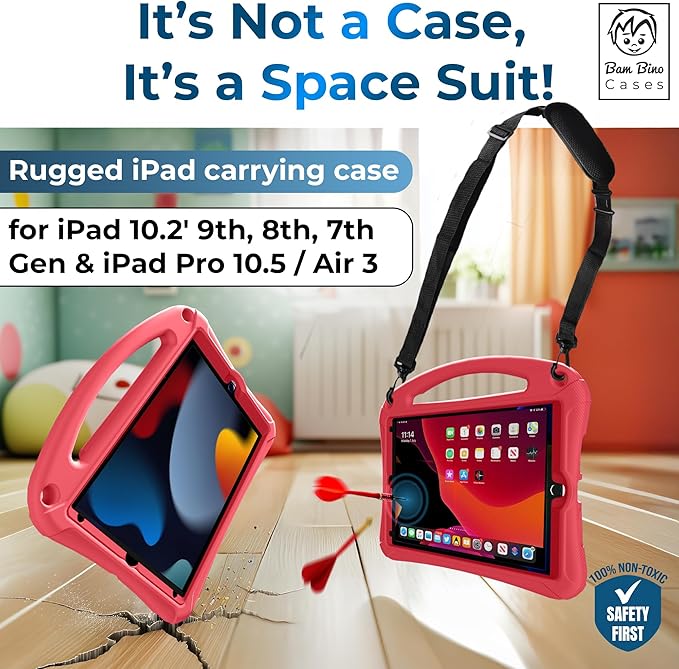 Bam Bino Space Suit iPad 9th Generation Case Kids, iPad 8th/7th/10.2 inch iPad Case for Kids | Lightweight Cover with Screen Protector, Handle, Stand, Shoulder Strap, Pencil Holder (Nebula Violet)