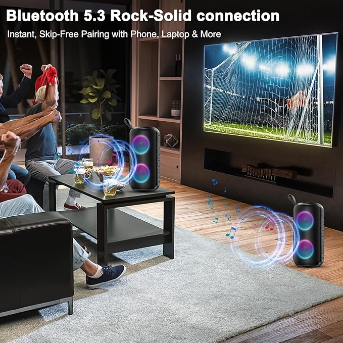 Bluetooth Speaker with 360°HD Stereo Sound, 2026 NEW Portable Wireless Speaker IPX7 Waterproof, HD Call, TWS Pairing, Built-in Mic, RGB Lights, 12H Playtime for Outdoors, Home/Travel/Praty Beach Gift