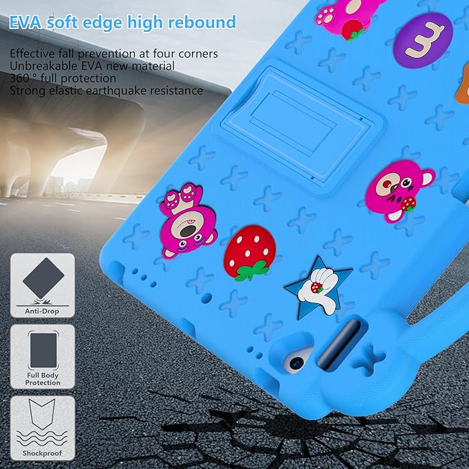 For iPad 9th Generation Case for Kids,iPad 8th 7th Gen Case, Shoulder Strap Shockproof Cute DIY Figures Design Handle Stand Protective Rugged Case for Apple iPad 9th 8th 7th Gen 2021/2020/2019,Skyblue
