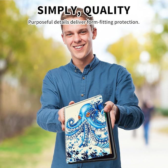 for Amazon Kindle Fire HD 10 (9th/7th/5th Generation, 2019/2017/2015 Release) 10.1" Tablet Case, Slim Kickstand Stand Leather Smart Cover with Auto Wake/Sleep, Blue Octopus