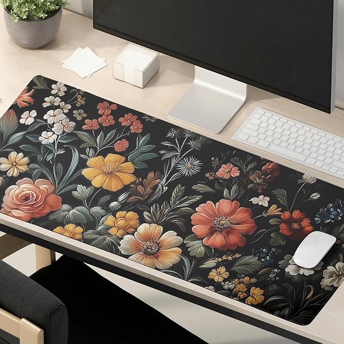 Floral Mouse Mat Vintage Aesthetic Flower Plant Black Extended Mouse Pad Large Gaming Mousepad Wildflower Mousepad Laptop Computer Keyboard Mat Cute Desk Mat for Desktop Office Supplies 35.4"x15.7"