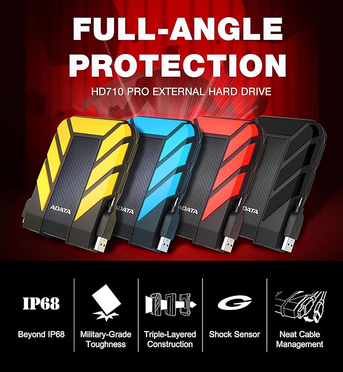 ADATA HD710 Pro - 1 TB External Hard Drive - Shockproof, Waterproof & Dustproof - Durable Storage - For Gamers, Students & Professionals - Mac, PC & Linux Compatible - Blue - AHD710P-1TU31-CBL